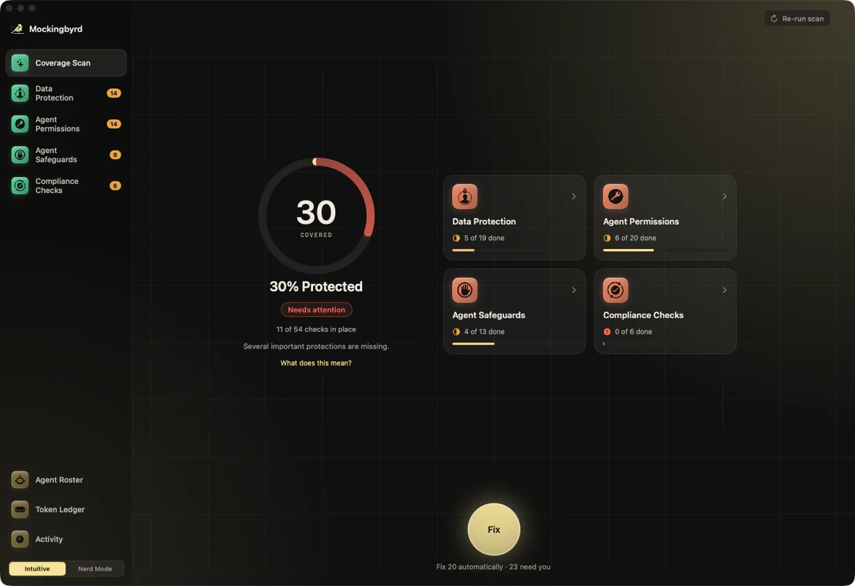 Intuitive mode: a coverage dial reading 30 percent, four area cards, and a Fix button.