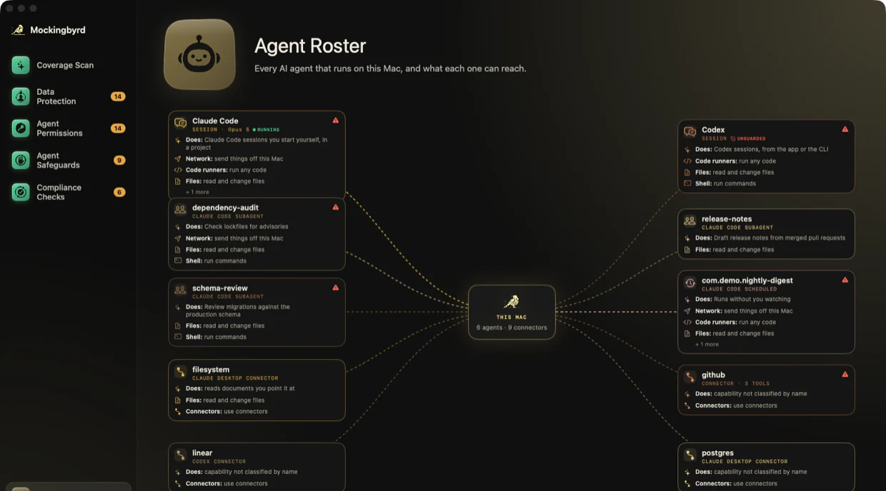 The Agent Roster: ten agents wired to a hub marked This Mac, each card listing what that agent can reach.